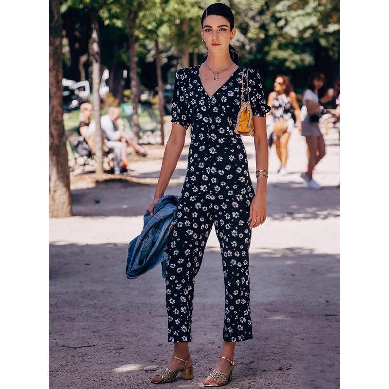 

Dark Blue Jumpsuit High-End Temperament Summer New Arrival Fashion Style Fancy Print Floral Chiffon Jumpsuit for Women Dark Blue Print Jumpsuit L