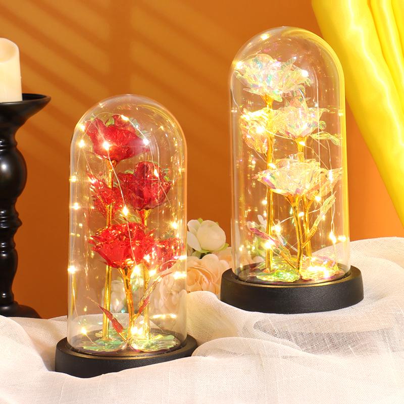 Luminous LED Rose Glass Dome Ornament with Three Flowers - Valentine's Day Bestseller Gift