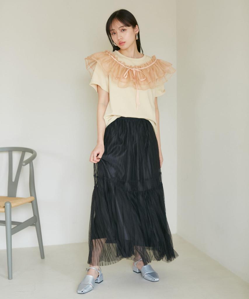 Beige Frilled Docking Pullover with Sash [BIS] Women's T-Shirt (Set) (27)