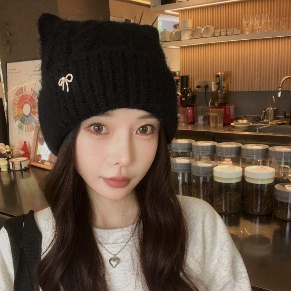 Japanese  Style Woolen Knitted Hat Solid Color Women Beanie Hat Cat Ears Pullover Hat  Girls