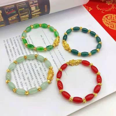 Emerald Color Sand Gold Pixiu Bracelet - Women's Jade-Style Bangle Gift