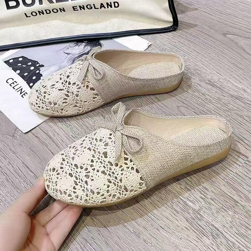 Lace bag head slippers women's linen new summer versatile outer wear mesh breathable non-slip half slippers sandals women