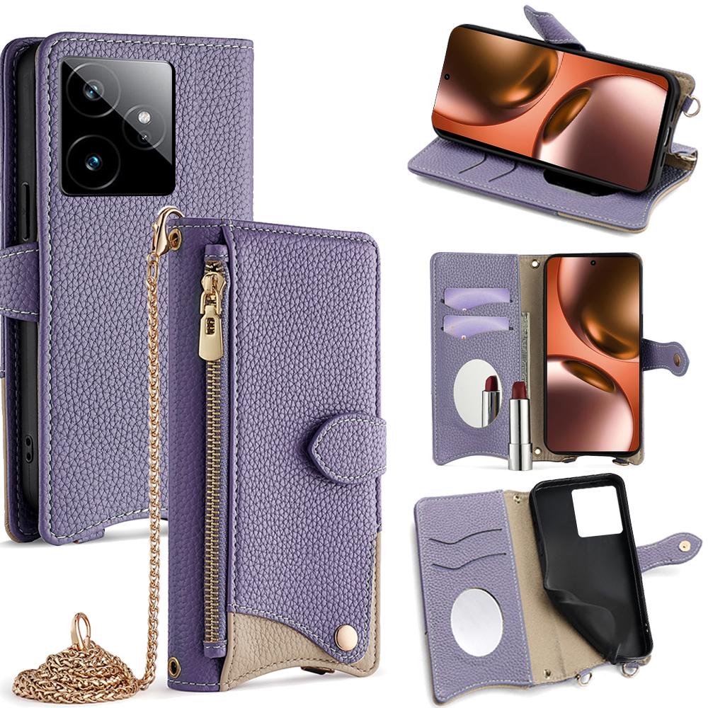 Für Realme GT 7 5G Lederhülle Brieftasche Ständerabdeckung Unregelmäßiger Schwanzstil mit Kettentragegurt