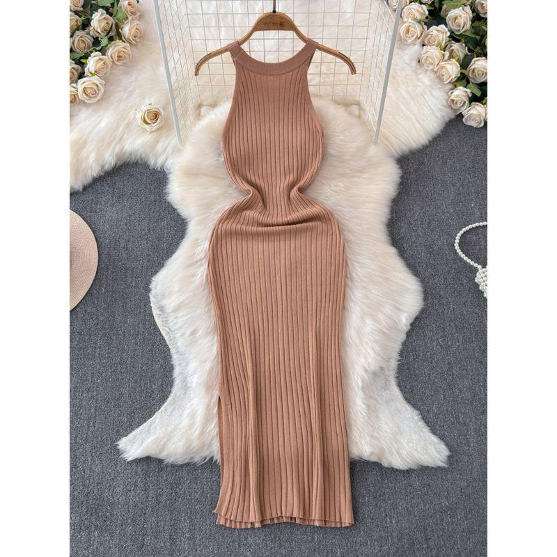 Fashion Sexy Style Sleeveless Knitting Dress Women's Summer Tight Waist Slim Looking Pure Color Stylish Niche Style Beautiful Dress