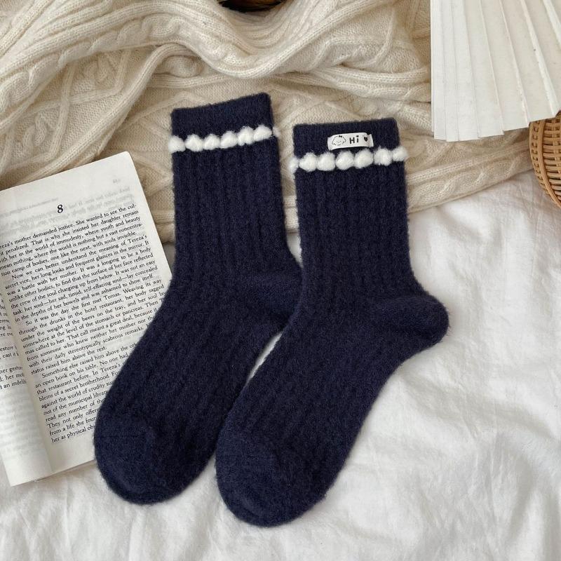 5 pairs Women Navy Bear Australian Velvet Mid Calf Socks Autumn Winter Fleece Thick Warm Heart Lace Trim Indoor Floor Socks Cozy Home Thermal Hosiery