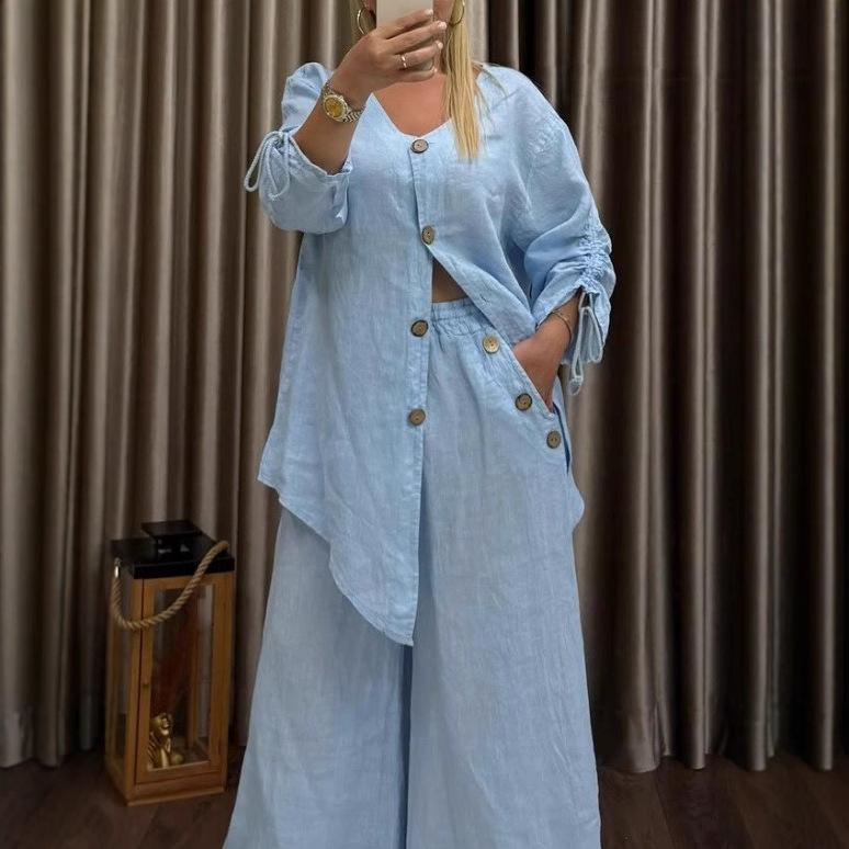 

Fashion Cotton Linen Irregular Button Shirt Set Women Autumn Casual Loose Retro V Neck Cardigan + Wide-leg Long Pants 2piece Set 3XL світло-синій колір