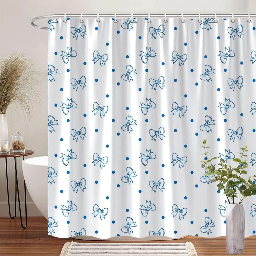 

Blue Bow & Polka Dot Shower Curtain - Hand-Drawn Design, Minimalist Style,12 Hooks,Washable Polyester, Multi-Size Bathroom Decor W60H190(CM)-1 Pcs