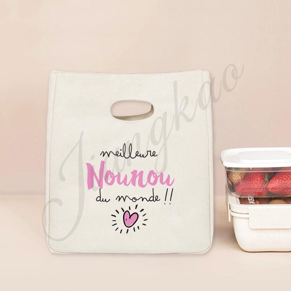 Beste Nanny der Welt Aufdruck Lunchtasche Tragbar Isoliert Canvas Kühltasche Bento Tasche Thermisch Lebensmittelaufbewahrungstaschen Geschenk für Nounou