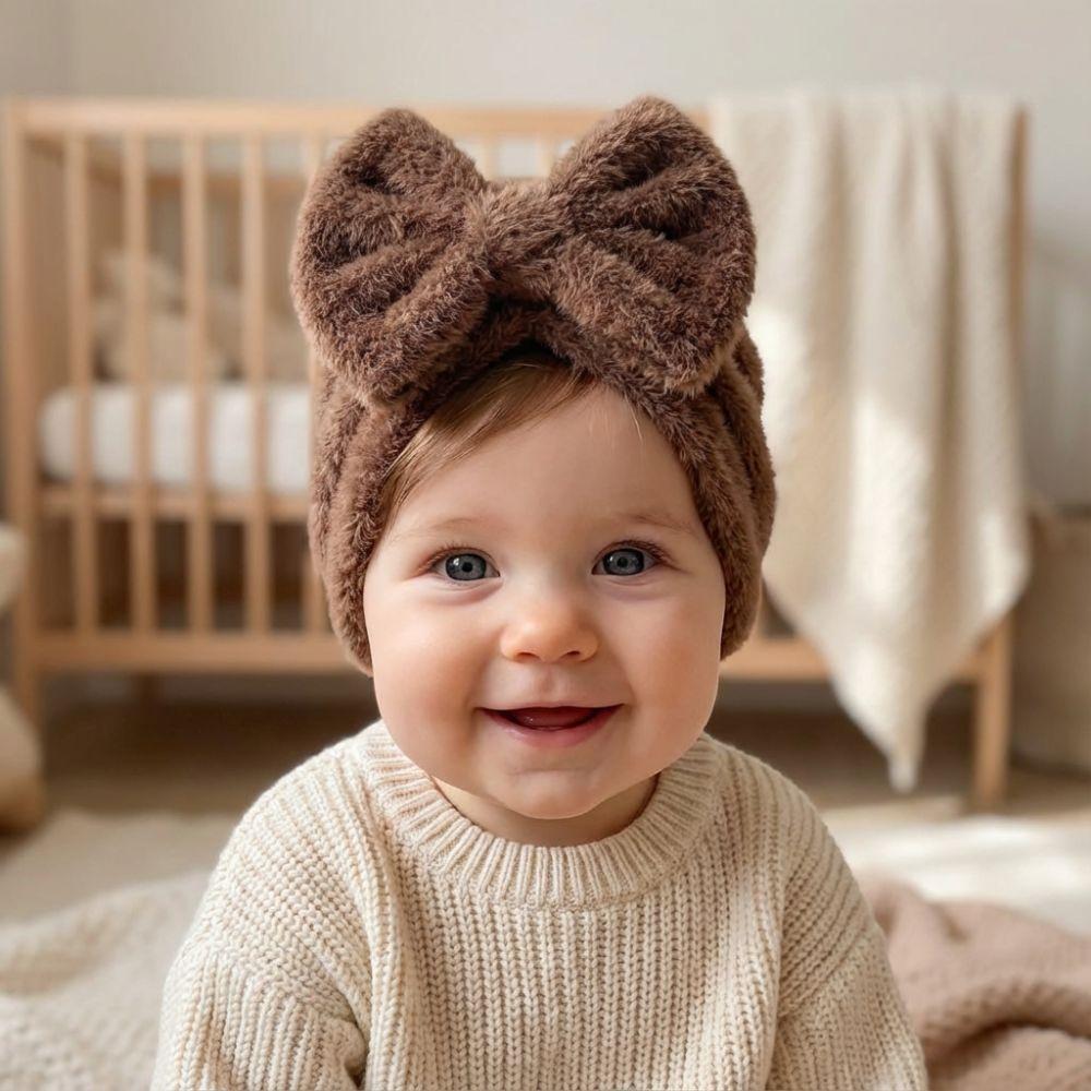 Teddy Fleece Baby Headscarf Hat Warm Newborn Autumn Winter Cap Fashion Bow Knitted Hat  Girls Boys