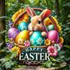 1pc Easter Bunny Floral Round Metal Sign 20x20cm Vintage Farmhouse Wall Art for Home Kitchen Garden Decor