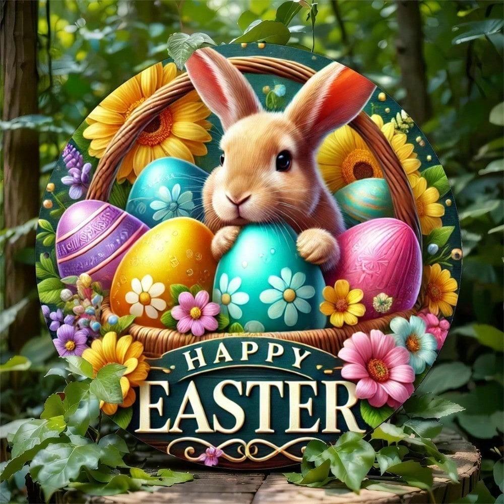 1pc Easter Bunny Floral Round Metal Sign 20x20cm Vintage Farmhouse Wall Art for Home Kitchen Garden Decor