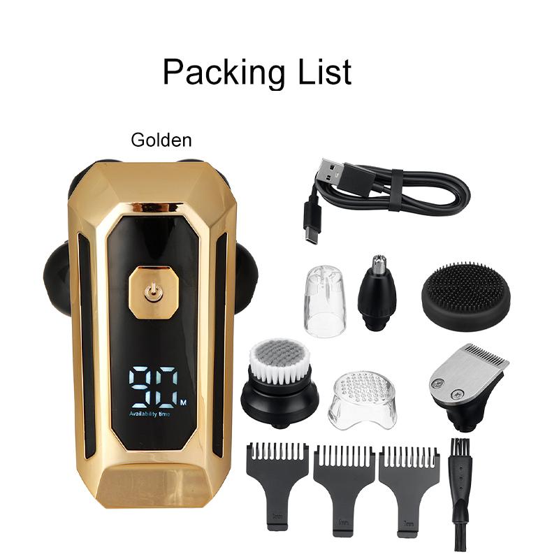 5-In-1 6 Cutter Head Multifunctional Electric Bald Head Shaver Waterproof Rechargeable Trimmer/6 Head Floating Head Cordless Groomer Gray/Golden
