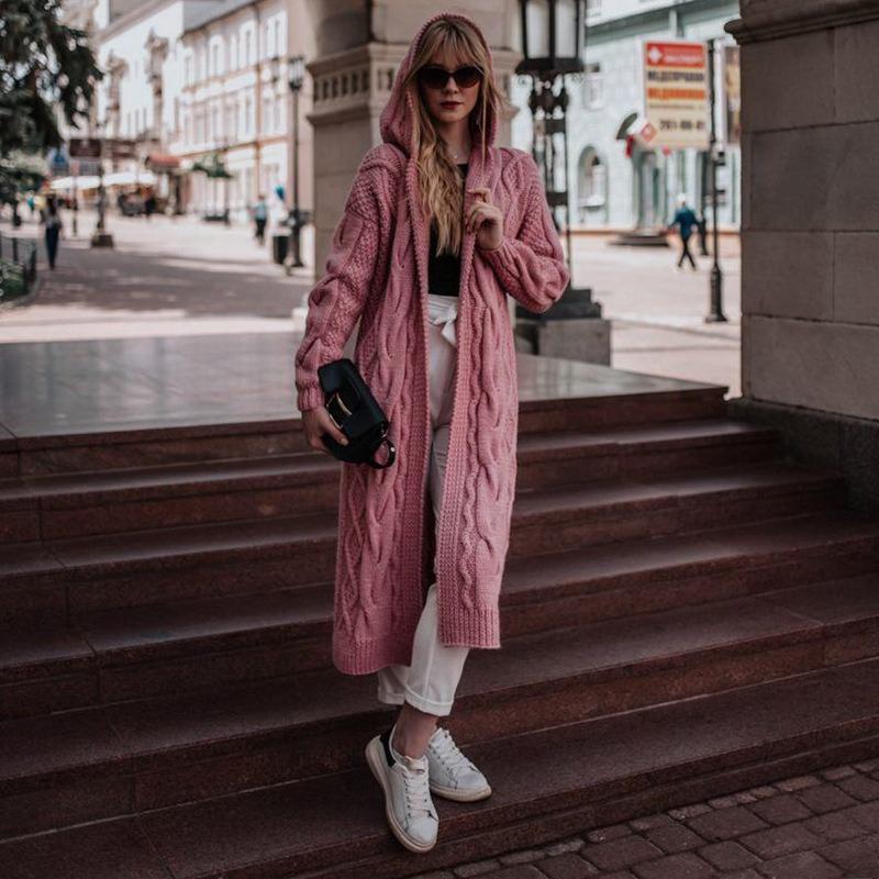 Autumn and Winter New Solid Color Hooded Long Cardigan Sweater Women's Twist Knitted Sweater