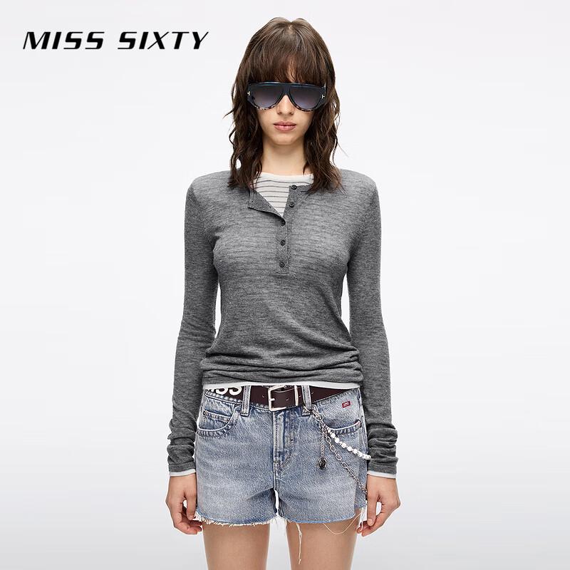 MISS SIXTY Women's 2025 Fall Faux Layered Wool Henley Knit Top