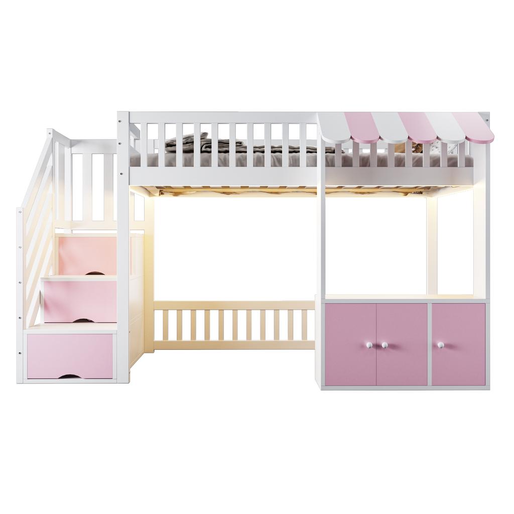 Wooden Loft Bed 90×200 Cm, with Storage Cabinet, Storage Staircase, Multicolor LED Light Strip, Eaves Design, Slatted Frame, Single Bed, Pink