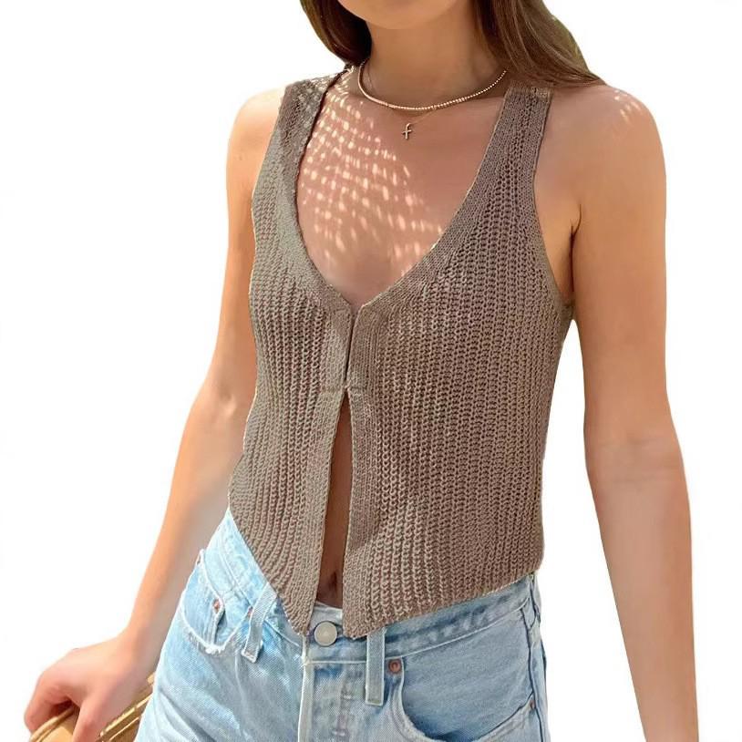 European Women's Summer V-neck Knit Vest - Sleeveless Sexy Top Cardigan