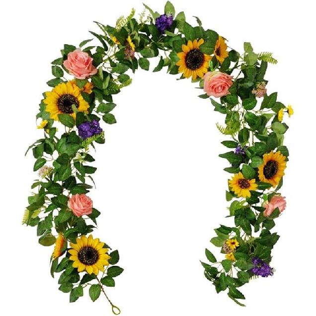 Artificial Sunflower Garland Eucalyptus Vine Artificial Rose Flowers Wreath with Green Leaves for Wedding Party Table Christmas Decoration