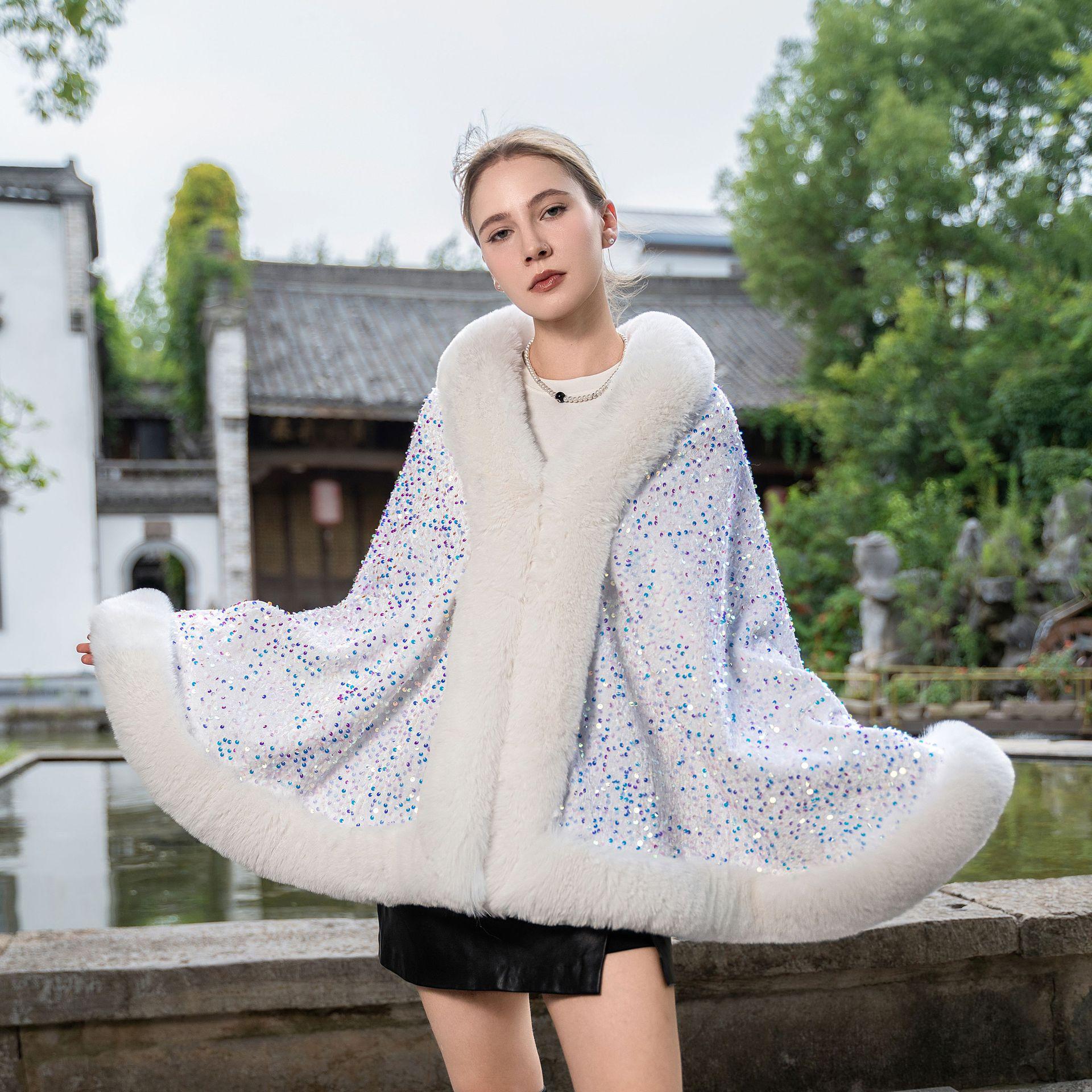 

Knitted Versatile Loose Cape with Velvet Sequins Elegant Shawl for Autumn and Winter Warmth Thick Coat one size fits all
