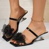 Black Flower Decor High Heel Sandals Women Summer Peep Toe Square Heeled Sandals Woman Slip On Elegant Party Dress Shoes