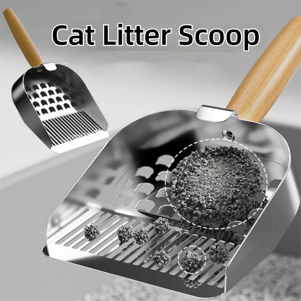 2 In 1 Cat Litter Scoop Wood Handle with Hanging Hook Pet Waste Shovel Comfortable Grip Easy To Clean Litter Box Scooper