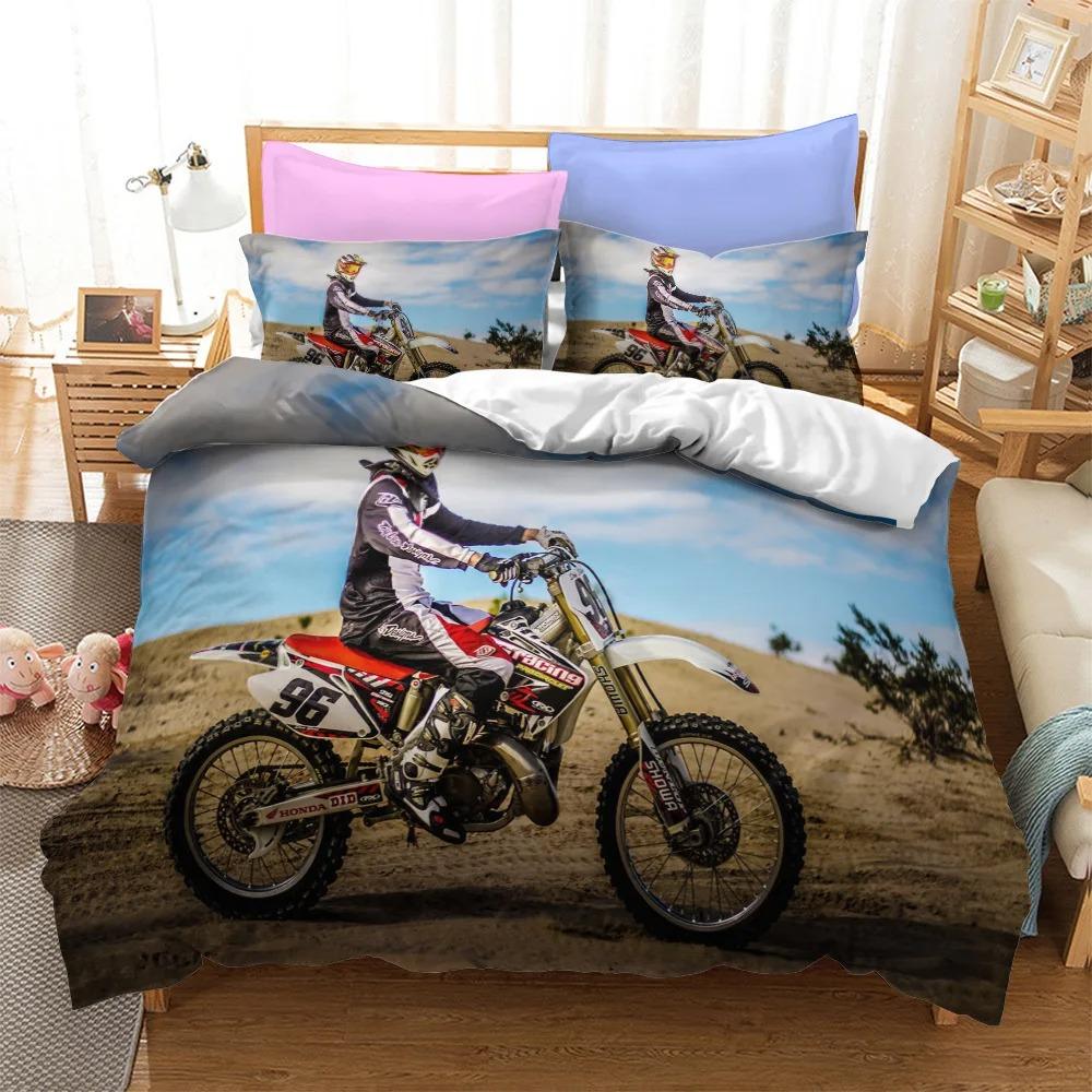 Motorcycles Bedding Set Polyester Fashion Duvet Cover Twin Size Bedclothes with Pillowcases for Teens Bed Linen