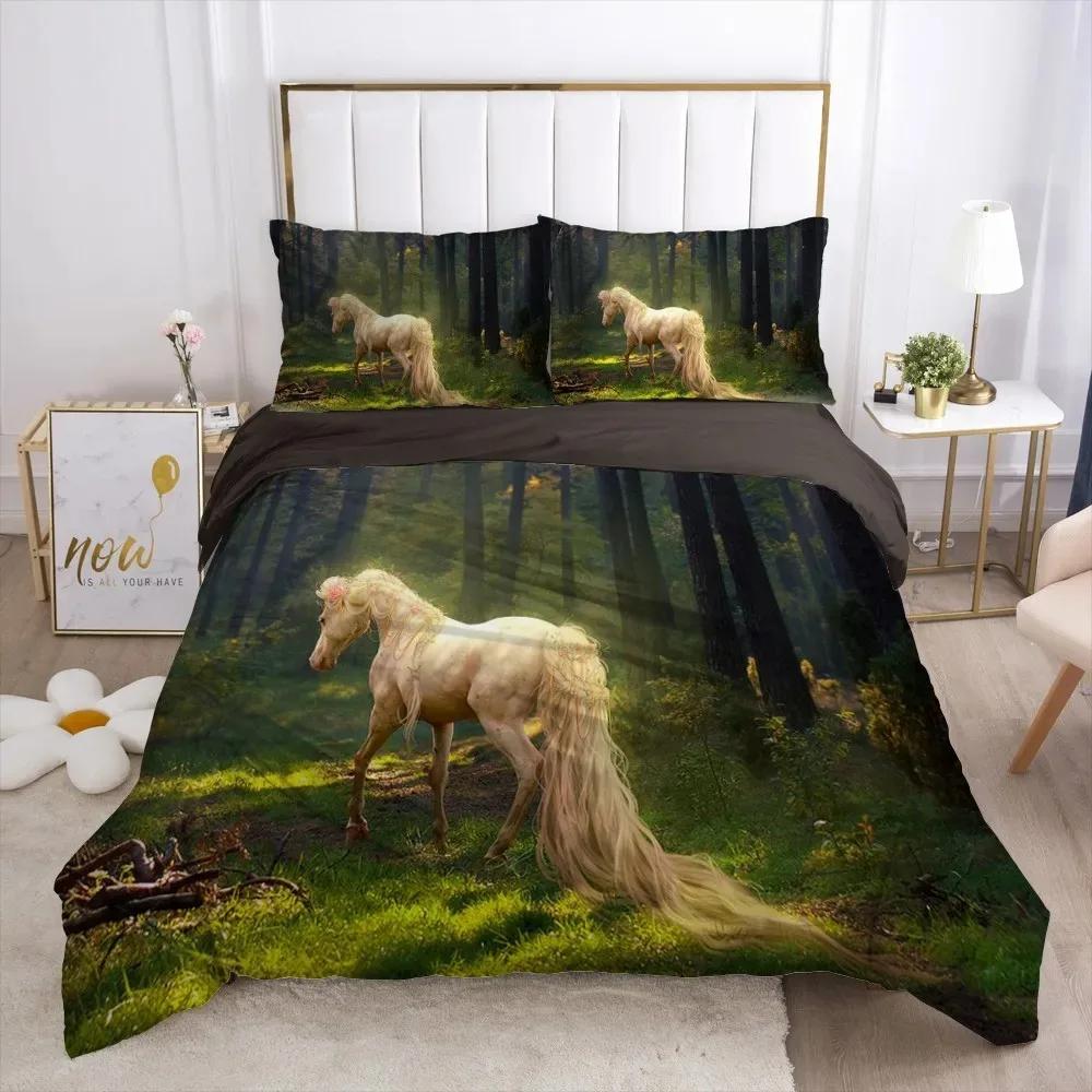 White Horse Duvet Cover Set Queen Size 3D Steed Print Bedding Sets Wildlife Comforter Cover Animals Bedspread Cover Quilt