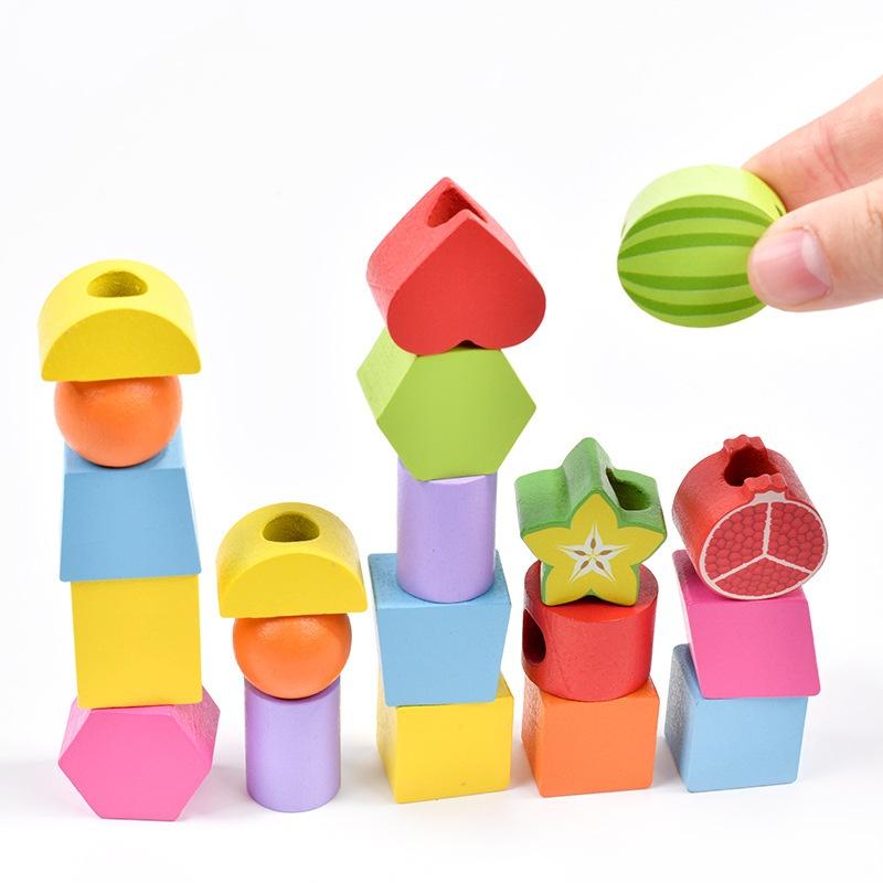 Montessori Wooden Beads Sequencing Toy Stacking Blocks & Lacing Beads & Matching Shape Stacker Montessori Learning Toys Gifts