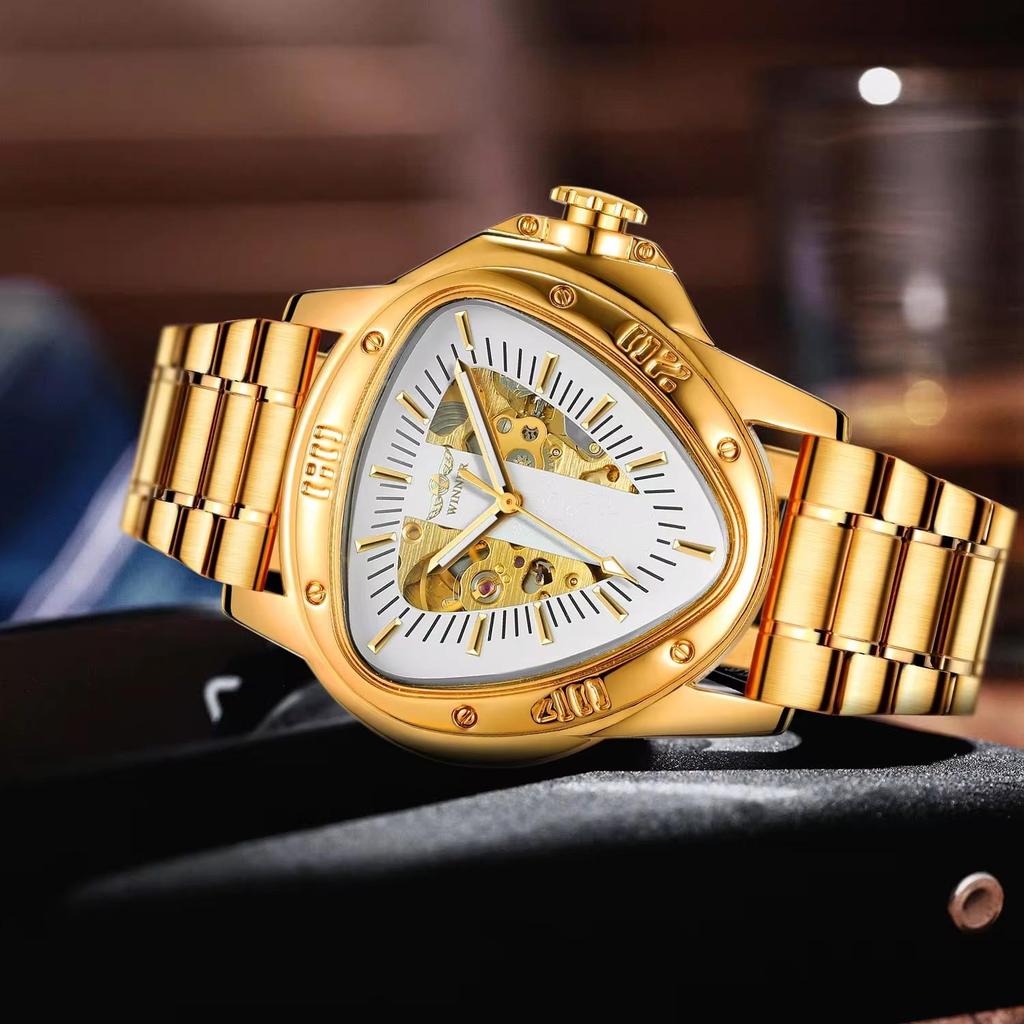 WINNER Herren Automatikuhren für Herren Luxus Hohl Dreieck Herren Mechanische Armbanduhren Skelett Wasserdicht Reloj Hombre