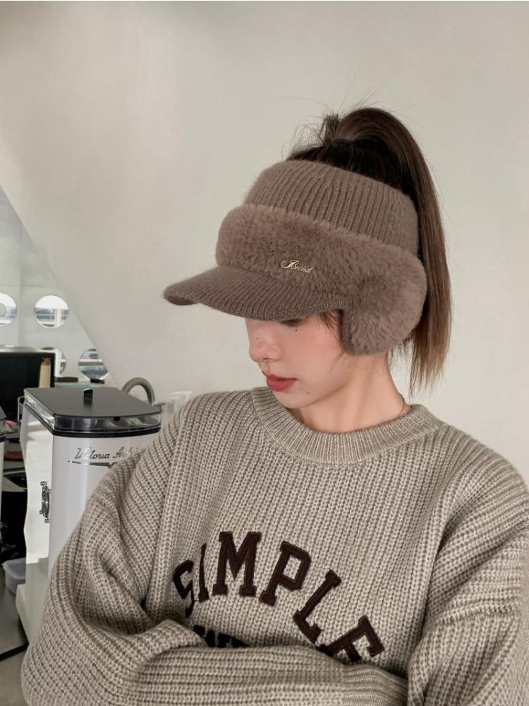 Warm Empty Top Hat Women's Autumn and Winter Ponytail Knitted Baseball Cap Thickened Outdoor Riding Cold Ear Protection Cap