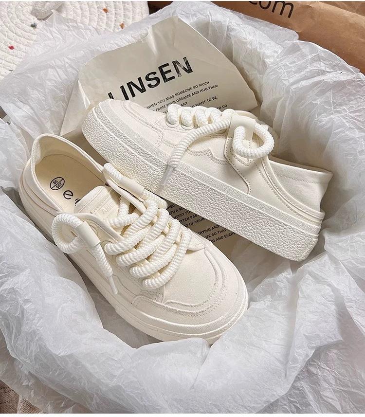 NOVÉ Šněrovací vulkanizované boty Podzimní Dámské Bílé Plátěné Tenisky Studenti Kulatá Špička Plochá Neformální Venkovní Běžecké Zapatillas