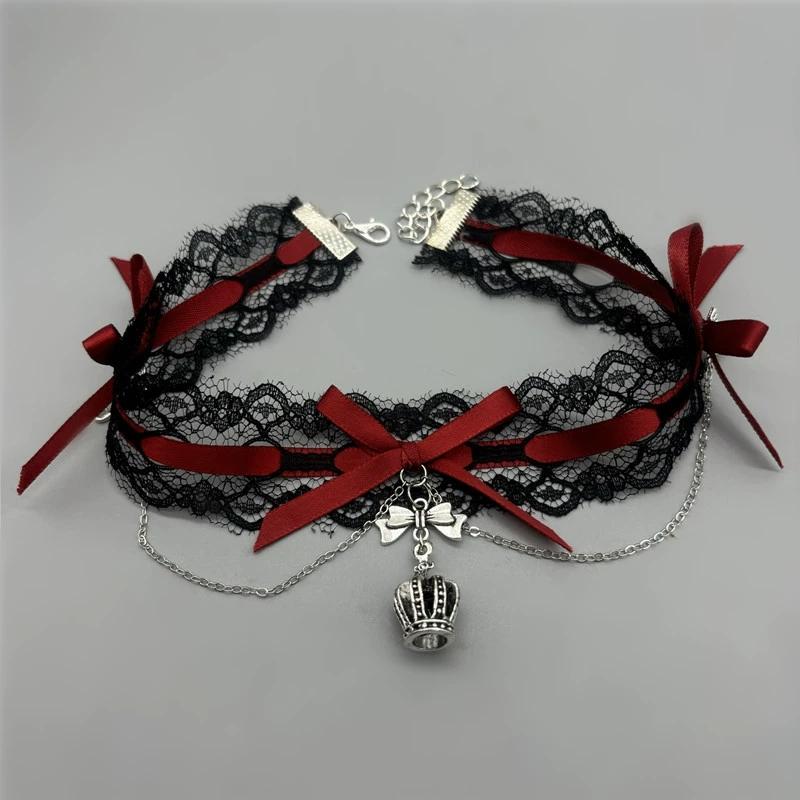

New Sexy Lace Bow Necklace for Women Gothic Punk Velvet Collar Choker Vintage Crown Pendent Necklace Strap Bow Cute Jewelry червоний