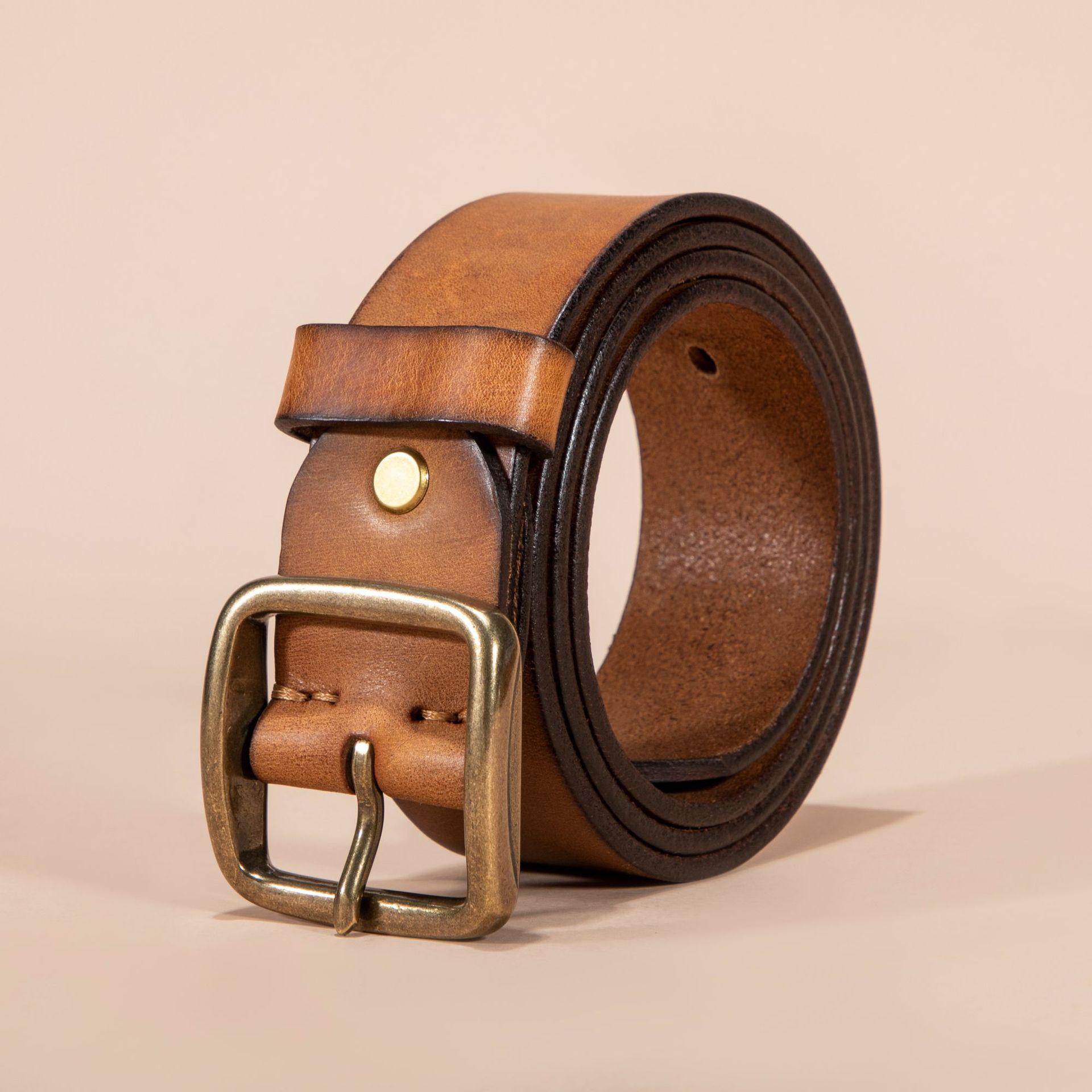 

Мужской ремень из натуральной кожи с пряжкой в стиле ретро из меди, стираные джинсы, модный мужской ремень из коровьей кожи первого слоя с пряжкой 110cm-130cm