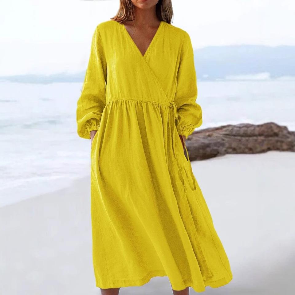 Women Summer Cotton Linen Dress Solid Color Loose Elegant Party Midi Dresses Casual Holiday Beach Dresses