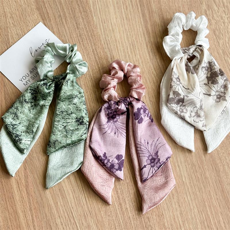 Double-layer Satin Fabric Floral Lace Bow Big Hair Band with Long Tassel Ponytail Hair Tie, A High-end Hair Tie with A Chic Design