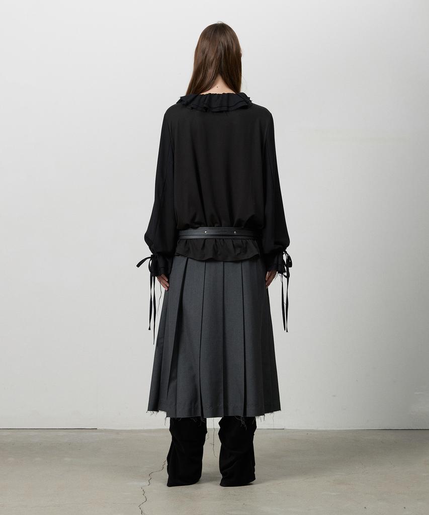 Three To Eighty Cut Hem Belt Pleats Skirt Charcoal