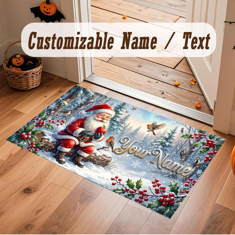Christmas Winter Theme Crystal Velvet Floor Rug Personalized Custom Name Text Warm Carpet Home Decoration