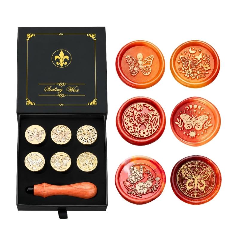 Decorative Wax Seal Stamp with Metal Components and 6 Round Design Disks for Gift Wrapping, Journaling, and Scrapbooks