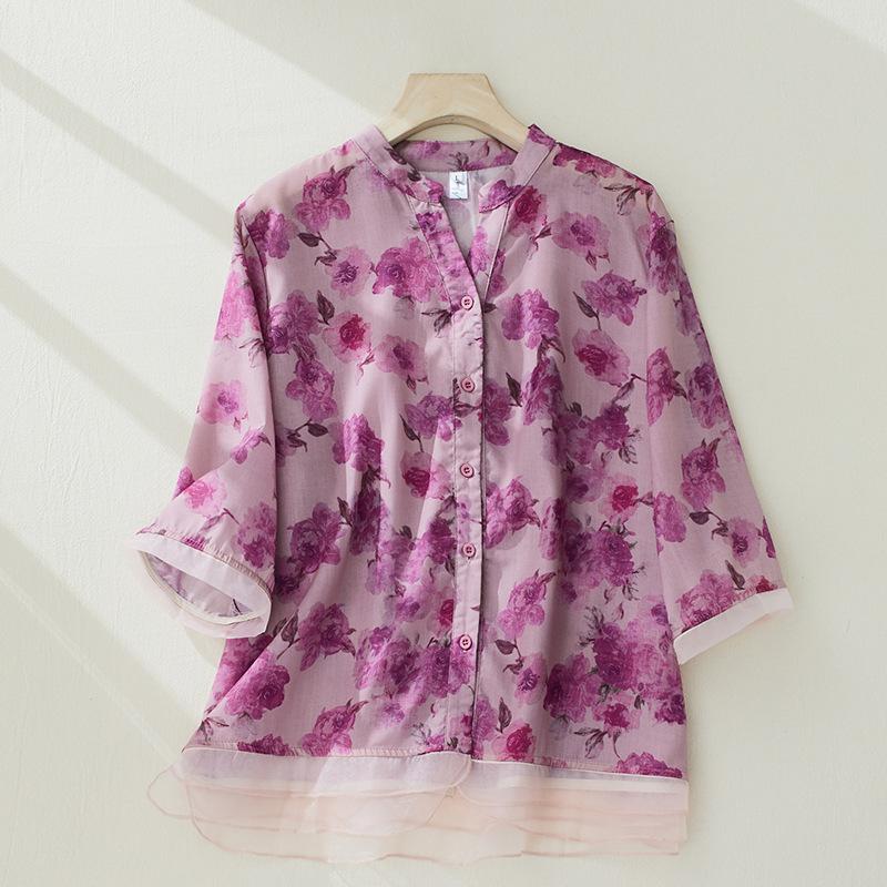 Summer Artistic Loose Floral Print Blouse Ladies Patchwork V-neck Short Sleeve Shirt Women's Vintage Top