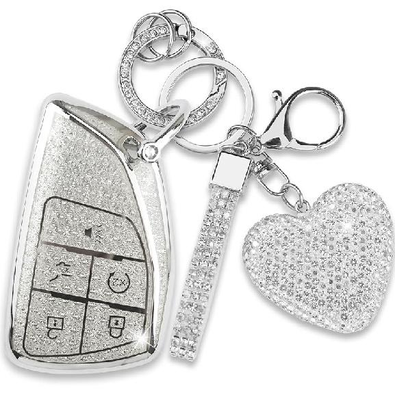 Key Fob Cover With Diamond Heart Keychain Car Key Shell Compatible With -2024 Chevy Tahoe Suburban GMC Yukon Denali Silverado Buick Full Protector