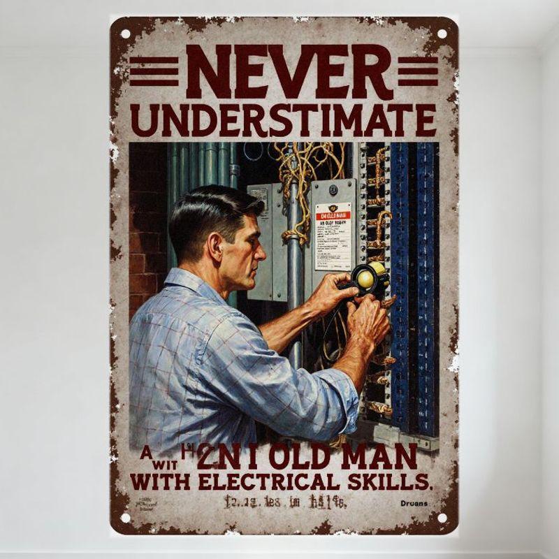 

Vintage Never Underestimate Electrical Skills Metal Tin Sign, Distressed Old Man with Tools Wall Plaque, Rustic Aged Home Bar Ma 20x30cm（7.8x11.8inch）