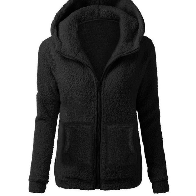 Loose Hooded Plush Zipper Solid Color Sweater Jacket Top