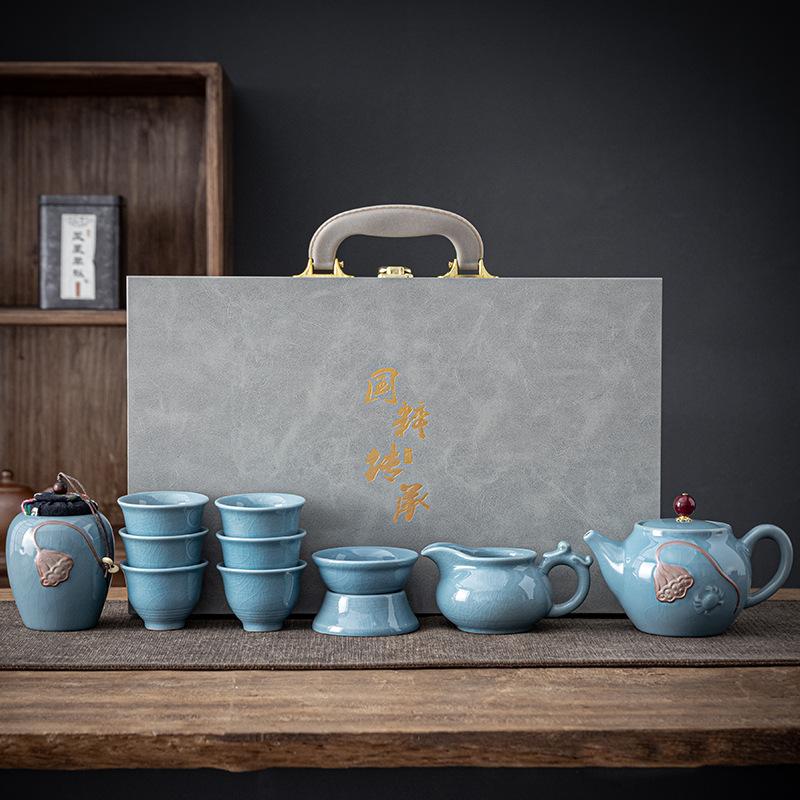 High-grade ceramic Kung Fu tea set, creative ice crack glaze, Ge kiln opening, household teapot, tea set, business gift