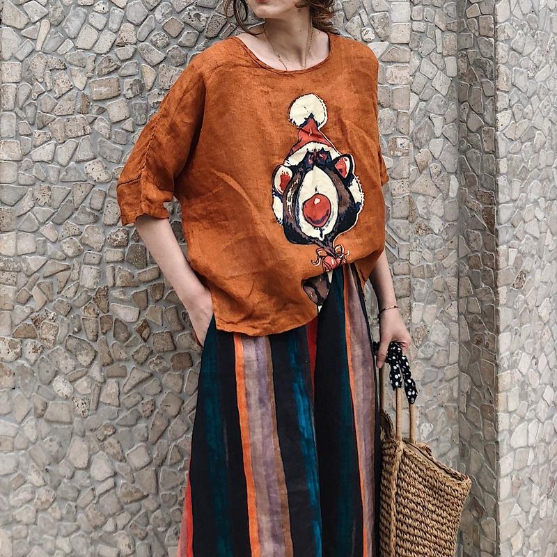 DIMANAF 2025 Women Summer Linen Bat T-shirt Shirt Printed Pattern Blouse Short Sleeve Fashion Tops Tees Loose Tees New