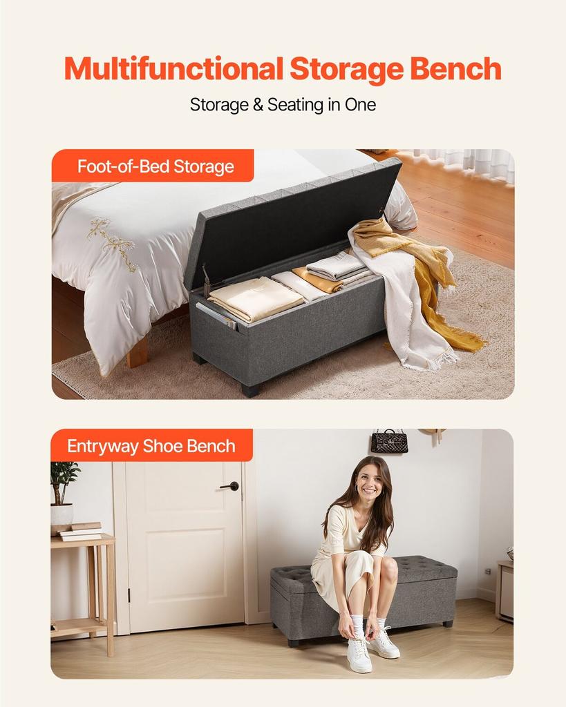 Storage Ottoman Bench, Button-Tufted End of Bed Bench with Side Bags, Flip-up Upholstered Storage Chest with Metal Frame, Linen Bed Ottoman for Living