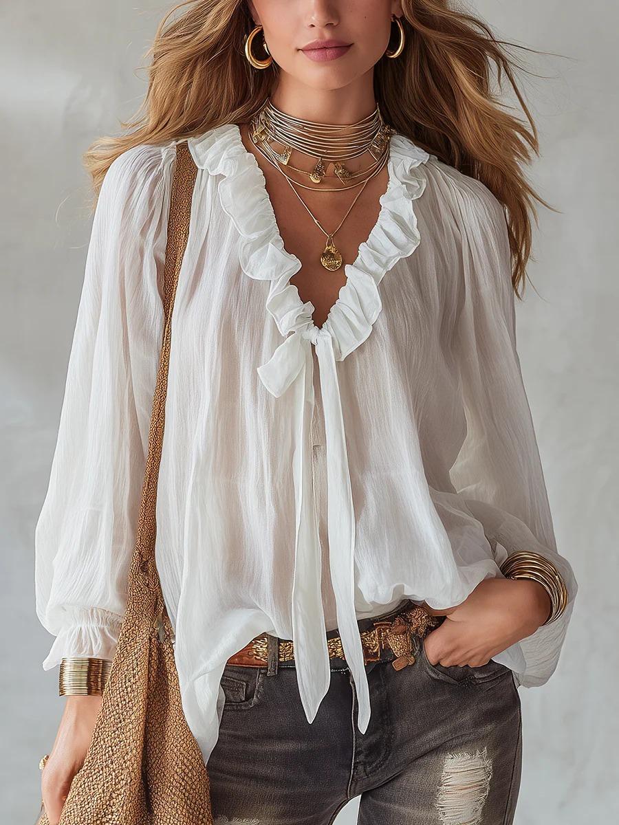 Women s Ruffle V Neck Tie Front Blouse Multi Colors S белый