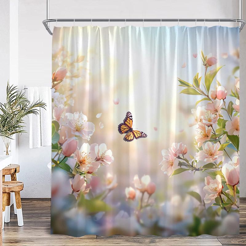 Floral Butterfly Shower Curtains Vintage Paris Tower Butterflies Watercolour Pink Purple Flowers Bath Curtain Bathroom Decor Set