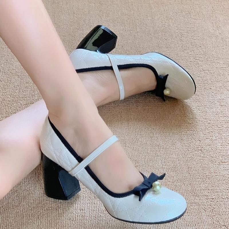 Fashion 2025 Baotou Sandals Pearl Fashion Lace Bachun Spring Dance Shoes Single Shoes Butterfly Knot Lei Wear New Coarse Heel