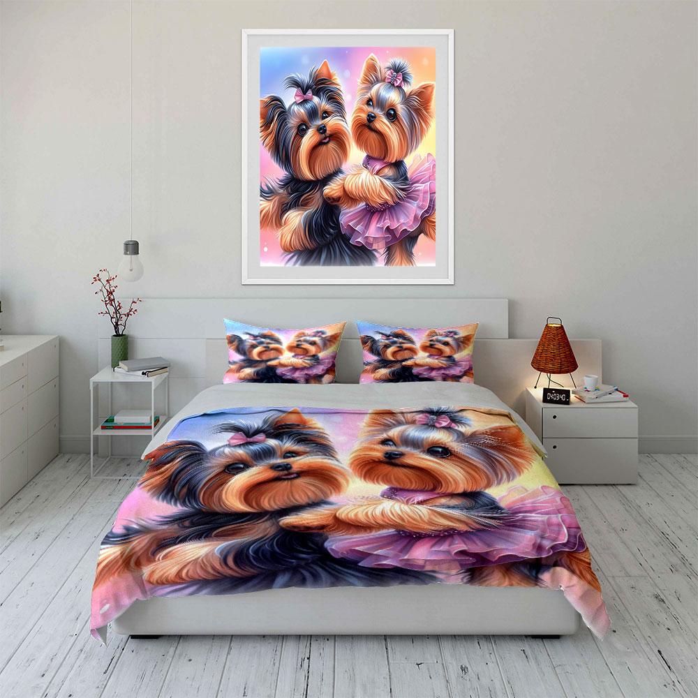Cute Yorkshire Terriers In Elegant Outfits Exquisite Three-Piece Bedding Set Gift For Kids And Adults
