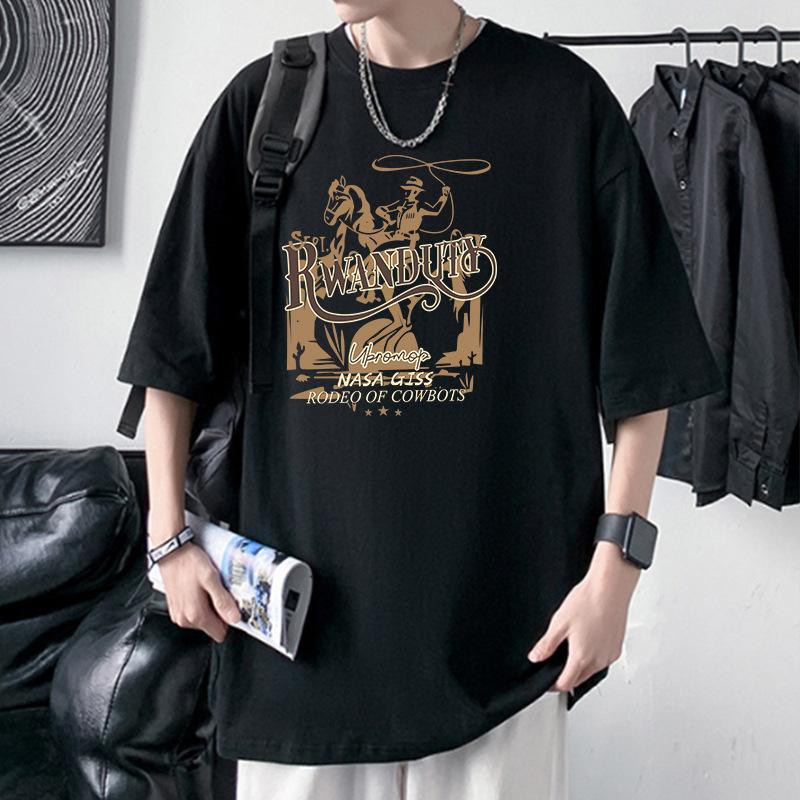 Cowboy Pattern Men's 100% Cotton T-Shirt Drop Shoulder Oversized Tee Hip Hop Style
