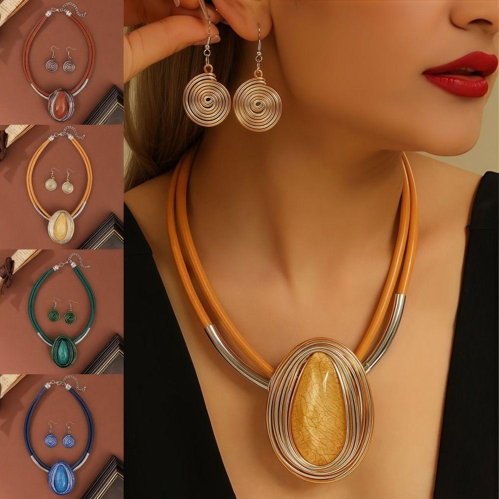 Water Drop Necklace Earrings Set Aluminum Wire Handmade Braided Jewelry Set Resin Gems Lightweight Earring Necklace Combo